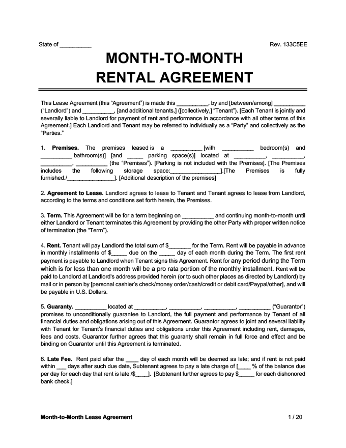 Month To Month Free Printable Rental Agreement Template - PRINTABLE